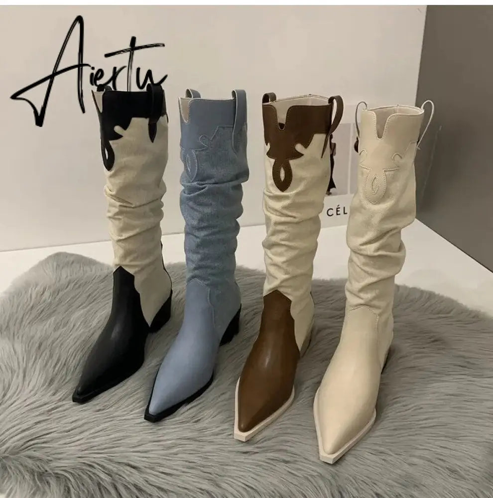 New Western Cowboy Boots Ladies Cowgirl Pointed Toe Denim Winter Women Knee High Boots Long Slip On Pleated Shoes Female Aiertu