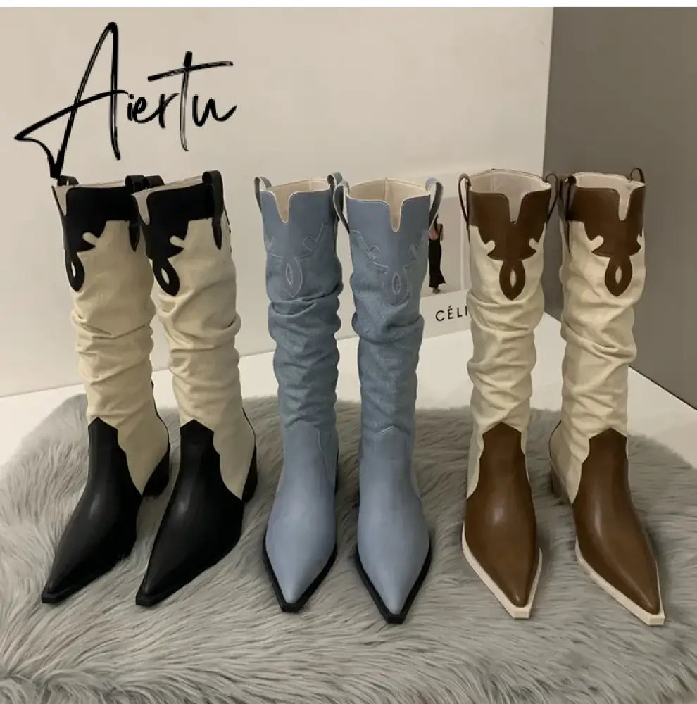 New Western Cowboy Boots Ladies Cowgirl Pointed Toe Denim Winter Women Knee High Boots Long Slip On Pleated Shoes Female Aiertu