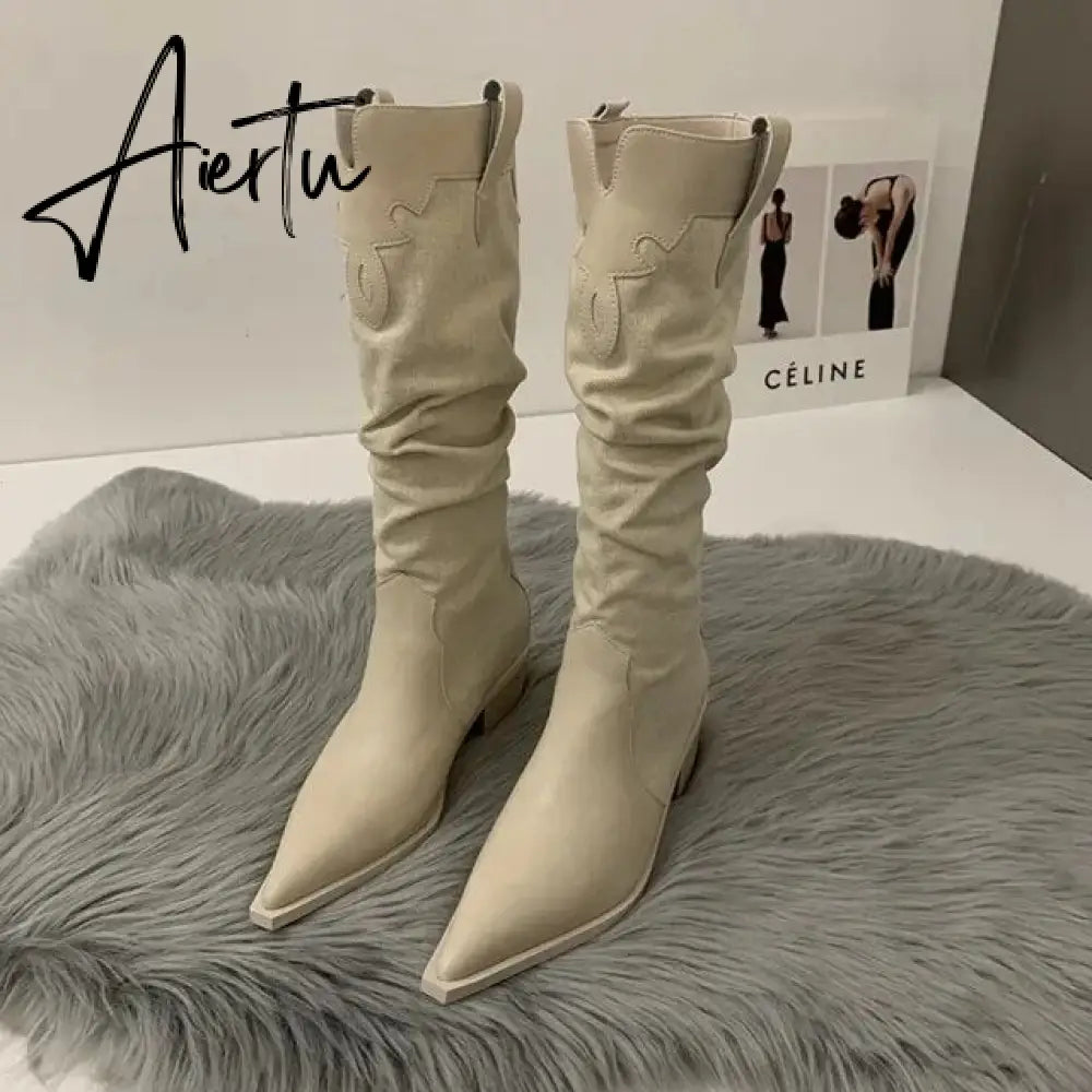 New Western Cowboy Boots Ladies Cowgirl Pointed Toe Denim Winter Women Knee High Boots Long Slip On Pleated Shoes Female Aiertu