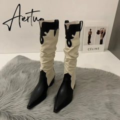 New Western Cowboy Boots Ladies Cowgirl Pointed Toe Denim Winter Women Knee High Boots Long Slip On Pleated Shoes Female Aiertu