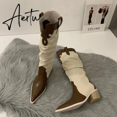 New Western Cowboy Boots Ladies Cowgirl Pointed Toe Denim Winter Women Knee High Boots Long Slip On Pleated Shoes Female Aiertu