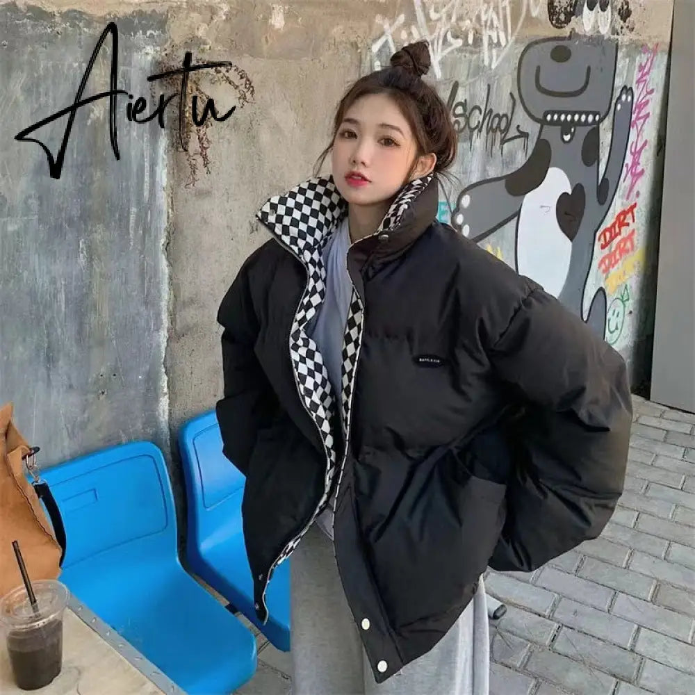 New Winter Down Cotton Jacket Women Zipper Loose Padded Coat Female Solid Thickening Warm Puffer Parkas Jackets Black White Aiertu