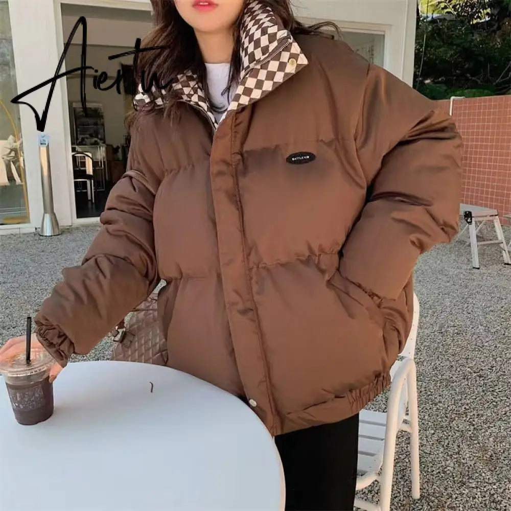 New Winter Down Cotton Jacket Women Zipper Loose Padded Coat Female Solid Thickening Warm Puffer Parkas Jackets Black White Aiertu