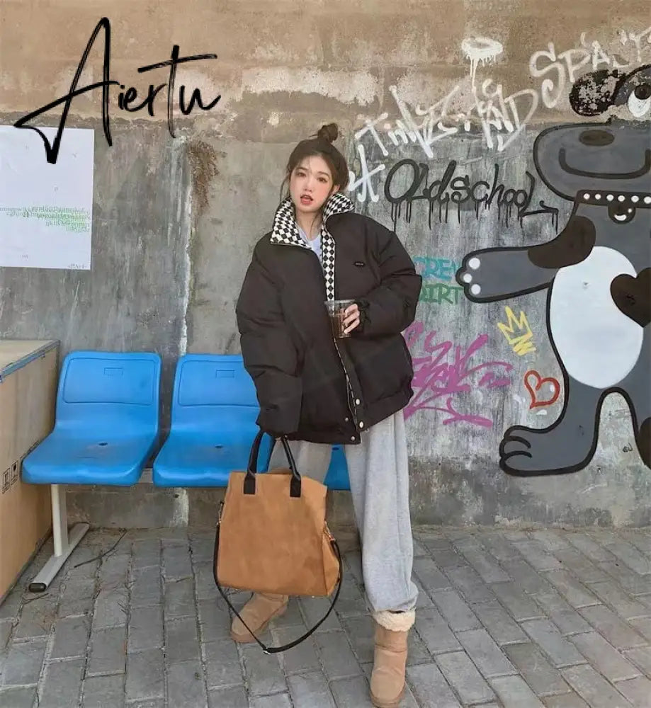 New Winter Down Cotton Jacket Women Zipper Loose Padded Coat Female Solid Thickening Warm Puffer Parkas Jackets Black White Aiertu
