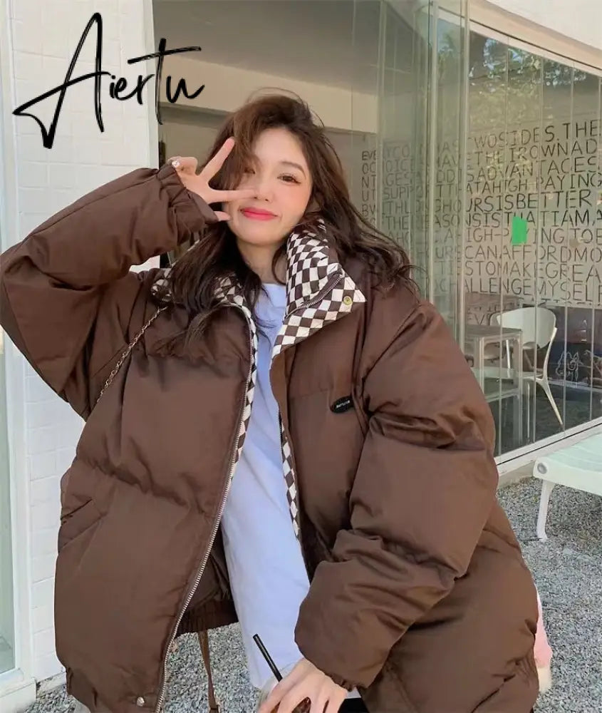 New Winter Down Cotton Jacket Women Zipper Loose Padded Coat Female Solid Thickening Warm Puffer Parkas Jackets Black White Aiertu
