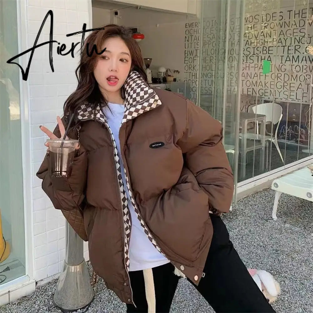 New Winter Down Cotton Jacket Women Zipper Loose Padded Coat Female Solid Thickening Warm Puffer Parkas Jackets Black White Aiertu