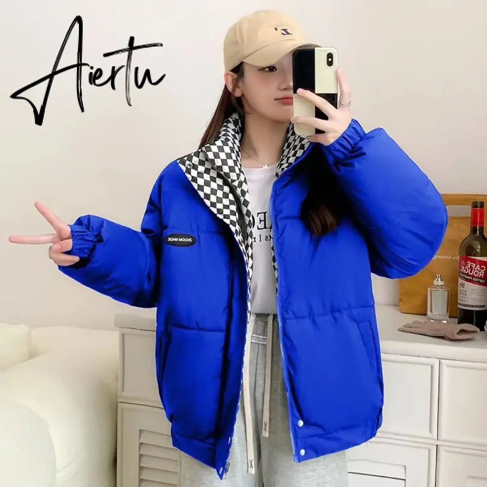 New Winter Down Cotton Jacket Women Zipper Loose Padded Coat Female Solid Thickening Warm Puffer Parkas Jackets Black White Aiertu