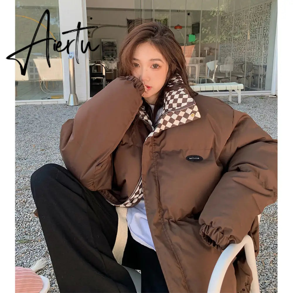 New Winter Down Cotton Jacket Women Zipper Loose Padded Coat Female Solid Thickening Warm Puffer Parkas Jackets Black White Aiertu