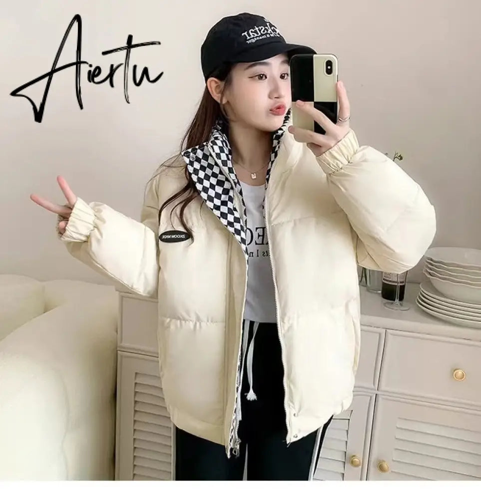 New Winter Down Cotton Jacket Women Zipper Loose Padded Coat Female Solid Thickening Warm Puffer Parkas Jackets Black White Aiertu