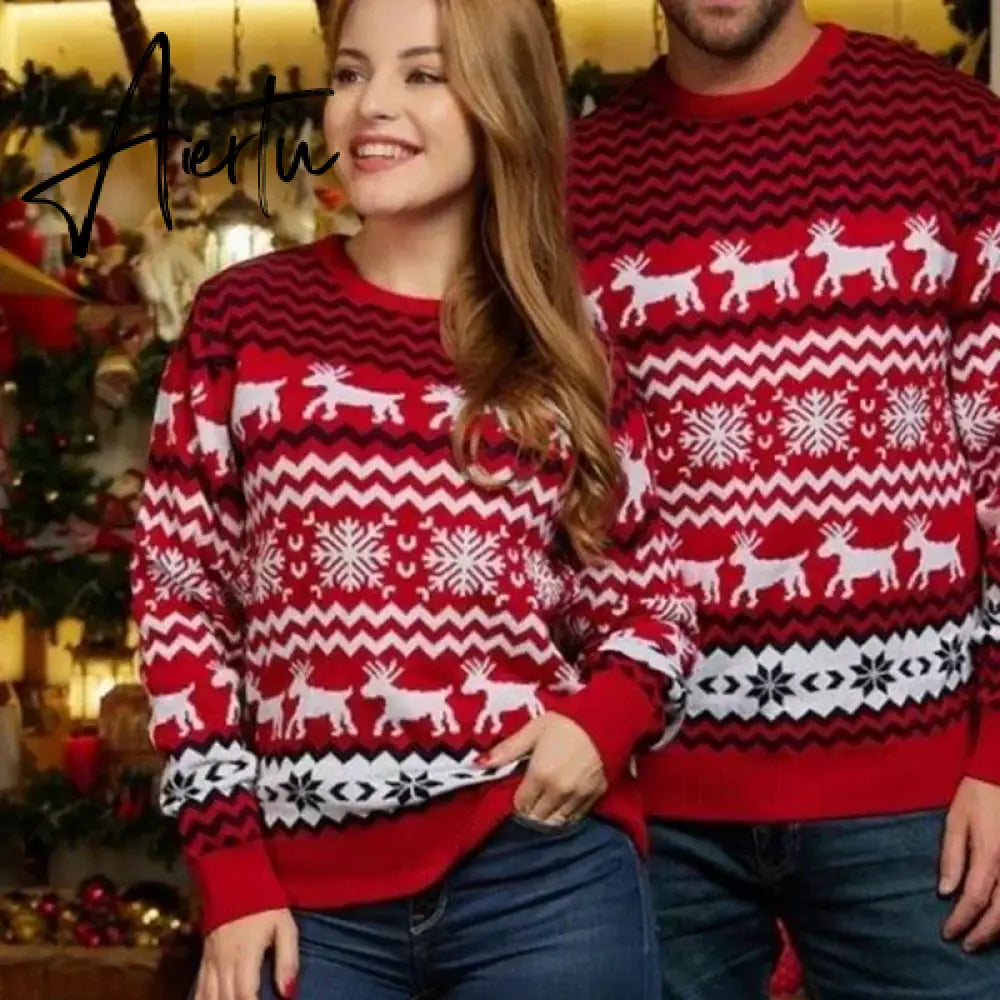 New Winter Mom Dad Kids Matching Knitting Sweaters Christmas Family Couples Jumpers Warm Thicken Casual Knitwear Xmas Look New Year Aiertu