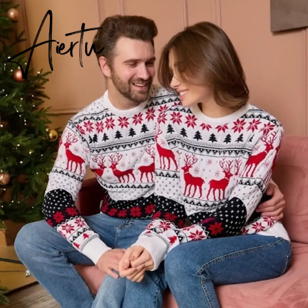 New Winter Mom Dad Kids Matching Knitting Sweaters Christmas Family Couples Jumpers Warm Thicken Casual Knitwear Xmas Look New Year Aiertu