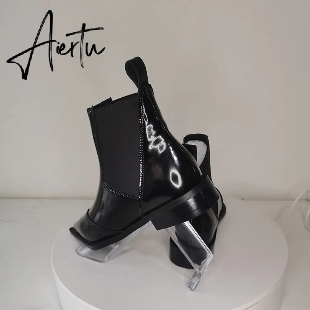 New Women Ankle Boots plus size 22-26.5cm Cow patent leather Chelsea boots Low-heeled fashion all-match black boots Aiertu