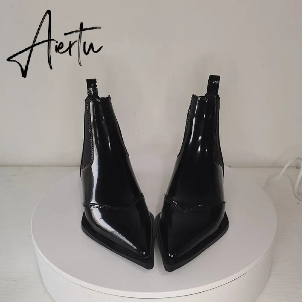New Women Ankle Boots plus size 22-26.5cm Cow patent leather Chelsea boots Low-heeled fashion all-match black boots Aiertu