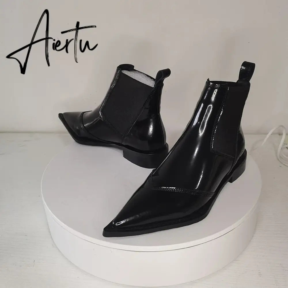 New Women Ankle Boots plus size 22-26.5cm Cow patent leather Chelsea boots Low-heeled fashion all-match black boots Aiertu