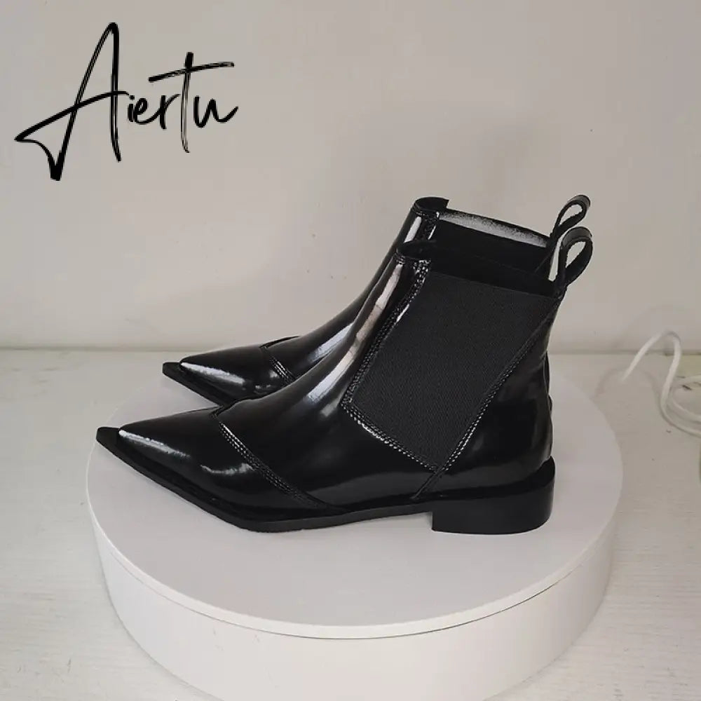New Women Ankle Boots plus size 22-26.5cm Cow patent leather Chelsea boots Low-heeled fashion all-match black boots Aiertu