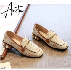 New Women Casual Shoes Pumps Spring Fashion Girl Star Embroidery Pearl Flax Chain High Heel Shoes Slip-on Loafers Aiertu