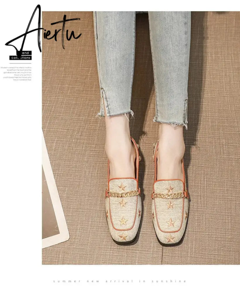 New Women Casual Shoes Pumps Spring Fashion Girl Star Embroidery Pearl Flax Chain High Heel Shoes Slip-on Loafers Aiertu