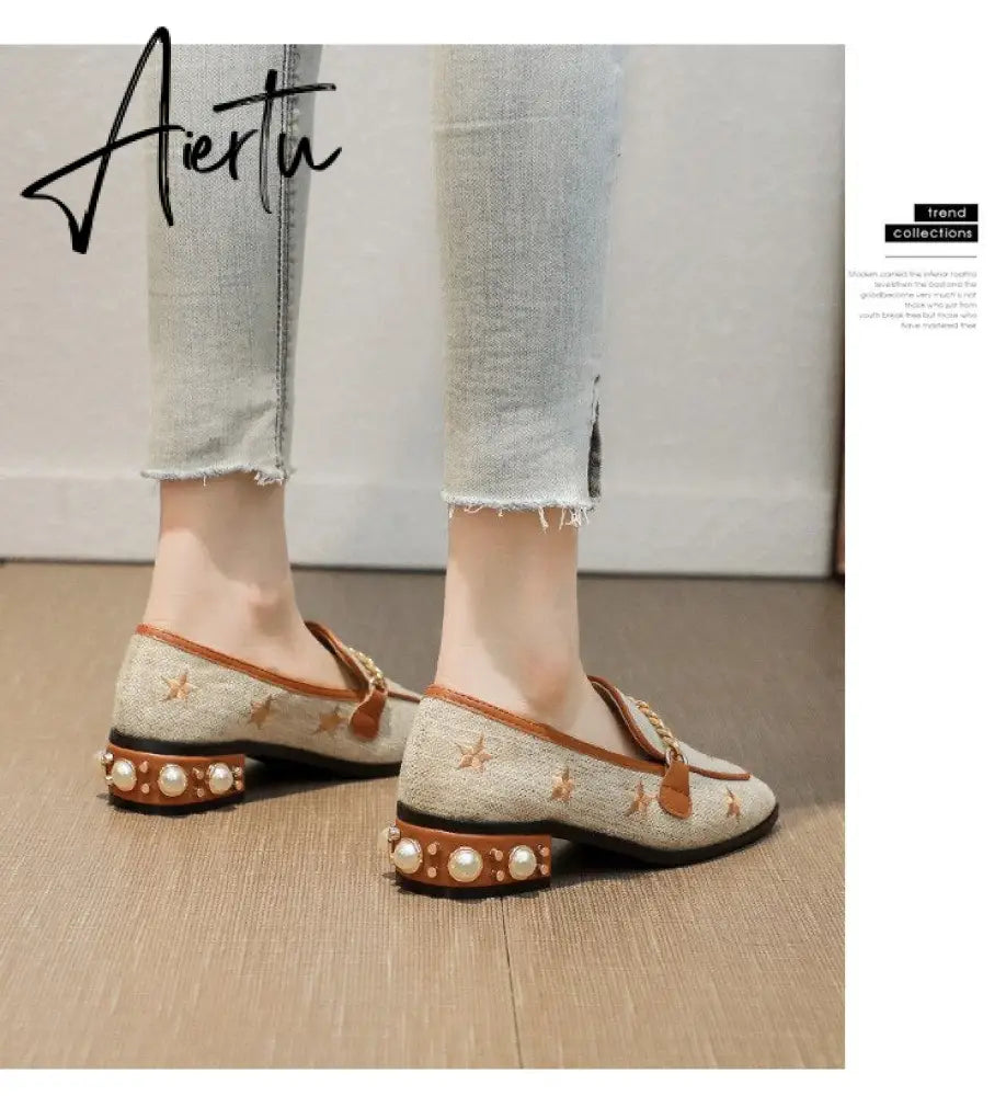 New Women Casual Shoes Pumps Spring Fashion Girl Star Embroidery Pearl Flax Chain High Heel Shoes Slip-on Loafers Aiertu