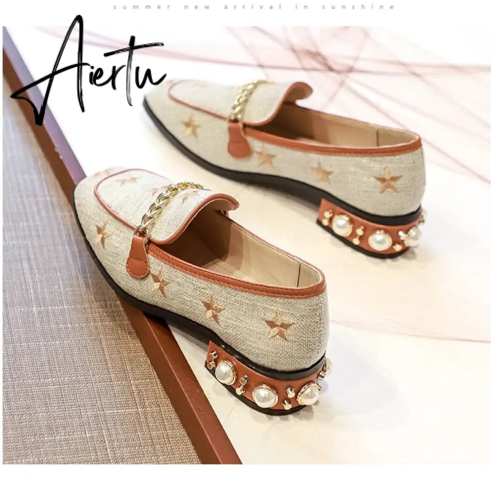 New Women Casual Shoes Pumps Spring Fashion Girl Star Embroidery Pearl Flax Chain High Heel Shoes Slip-on Loafers Aiertu
