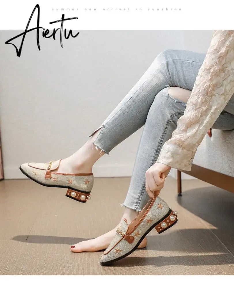 New Women Casual Shoes Pumps Spring Fashion Girl Star Embroidery Pearl Flax Chain High Heel Shoes Slip-on Loafers Aiertu