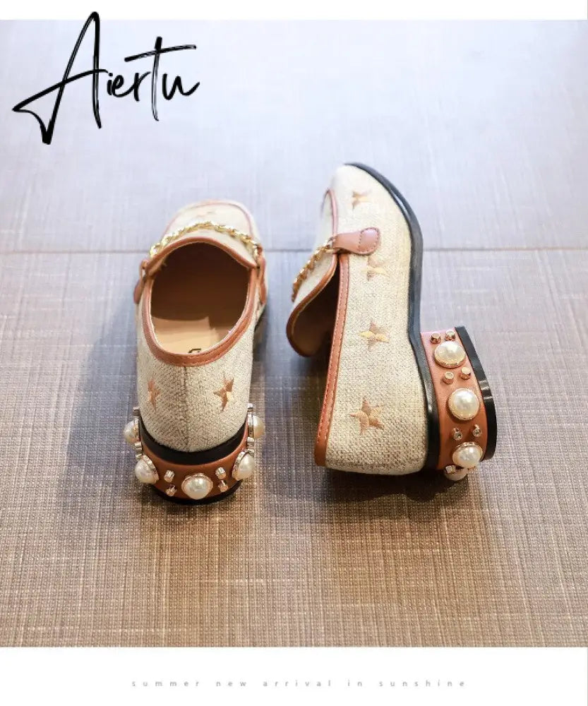 New Women Casual Shoes Pumps Spring Fashion Girl Star Embroidery Pearl Flax Chain High Heel Shoes Slip-on Loafers Aiertu