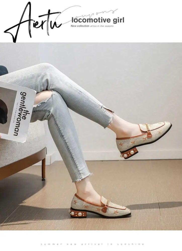 New Women Casual Shoes Pumps Spring Fashion Girl Star Embroidery Pearl Flax Chain High Heel Shoes Slip-on Loafers Aiertu