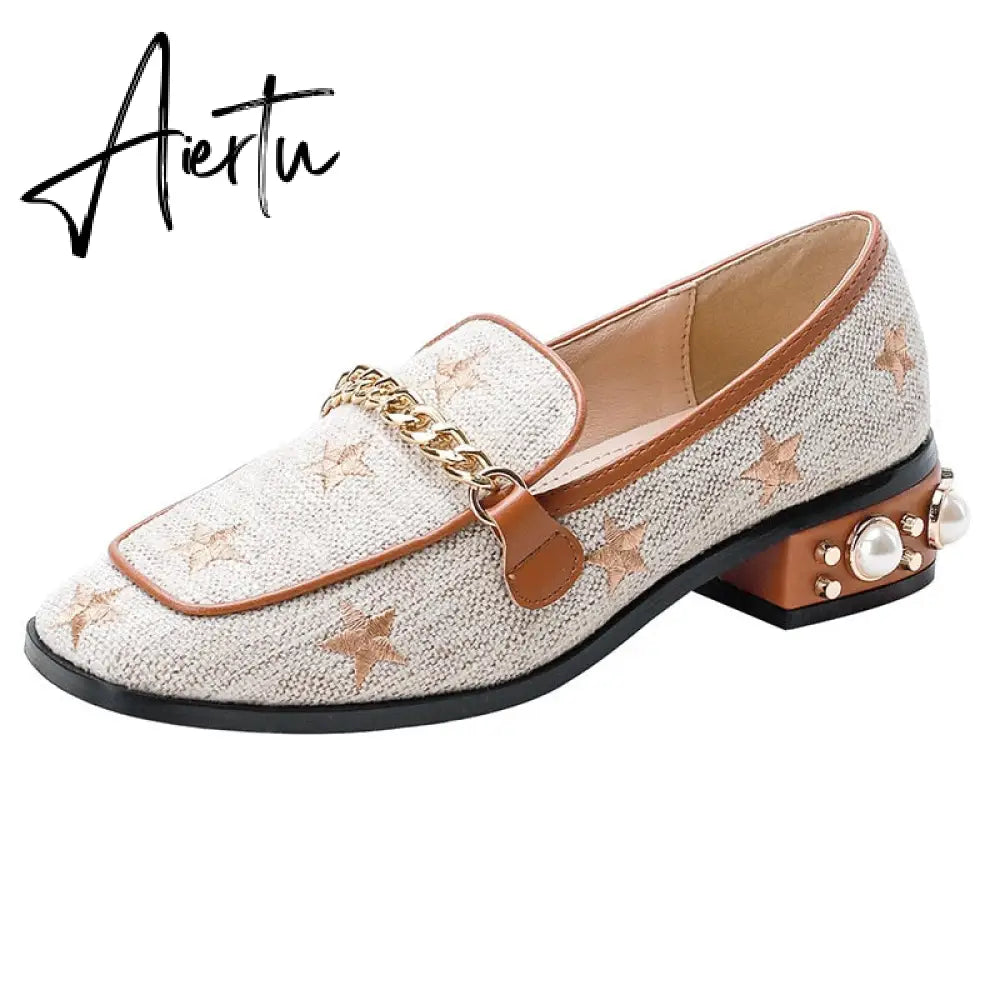 New Women Casual Shoes Pumps Spring Fashion Girl Star Embroidery Pearl Flax Chain High Heel Shoes Slip-on Loafers Aiertu