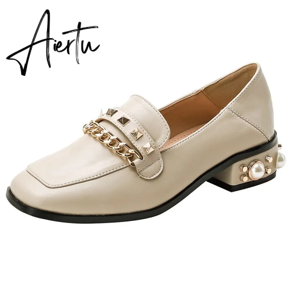 New Women Casual Shoes Pumps Spring Fashion Girl Star Embroidery Pearl Flax Chain High Heel Shoes Slip-on Loafers Aiertu
