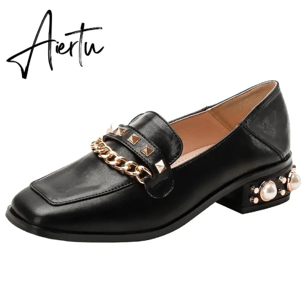 New Women Casual Shoes Pumps Spring Fashion Girl Star Embroidery Pearl Flax Chain High Heel Shoes Slip-on Loafers Aiertu
