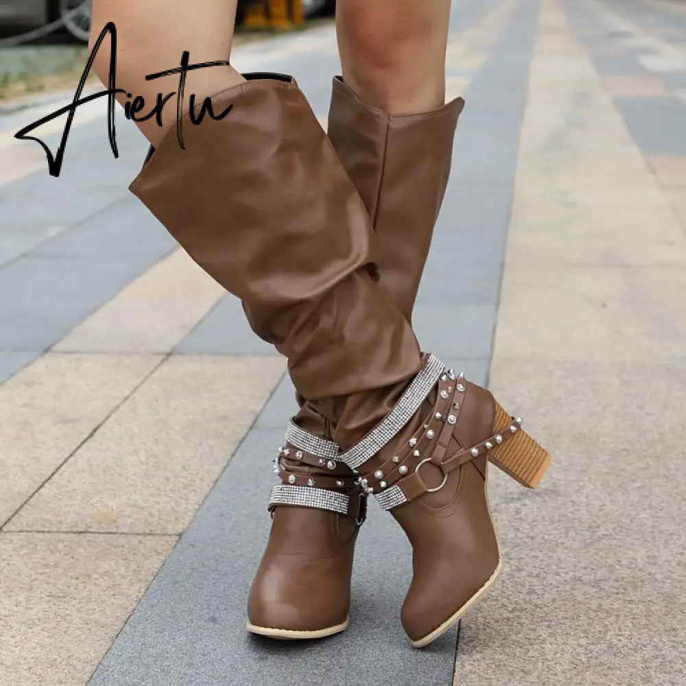 New Women High Boots Punk Rivet Buckle Square Mid Heel Knee-High Boots Pu Leather Pointed Toe Female Solid Tall Shoes Botas Aiertu