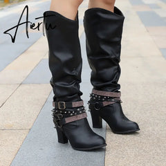 New Women High Boots Punk Rivet Buckle Square Mid Heel Knee-High Boots Pu Leather Pointed Toe Female Solid Tall Shoes Botas Aiertu