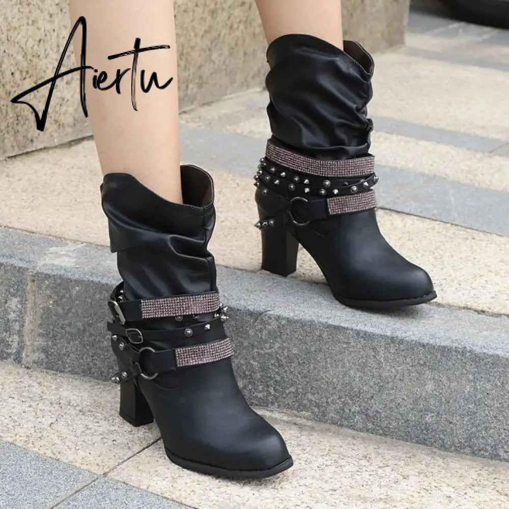 New Women High Boots Punk Rivet Buckle Square Mid Heel Knee-High Boots Pu Leather Pointed Toe Female Solid Tall Shoes Botas Aiertu