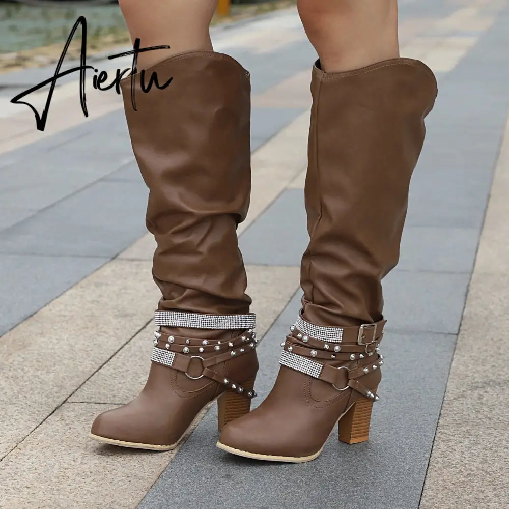 New Women High Boots Punk Rivet Buckle Square Mid Heel Knee-High Boots Pu Leather Pointed Toe Female Solid Tall Shoes Botas Aiertu