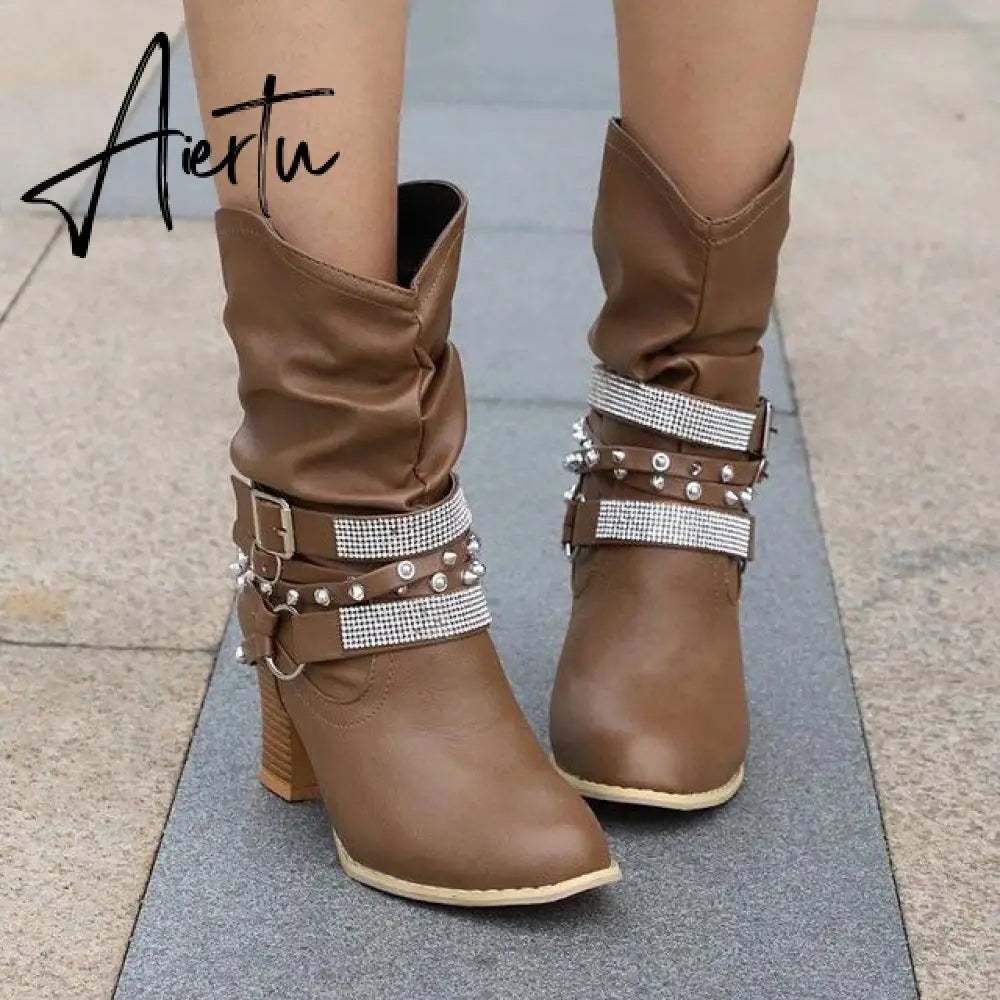 New Women High Boots Punk Rivet Buckle Square Mid Heel Knee-High Boots Pu Leather Pointed Toe Female Solid Tall Shoes Botas Aiertu