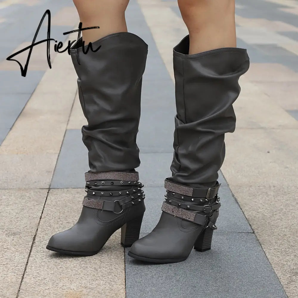 New Women High Boots Punk Rivet Buckle Square Mid Heel Knee-High Boots Pu Leather Pointed Toe Female Solid Tall Shoes Botas Aiertu