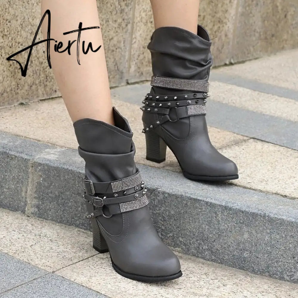 New Women High Boots Punk Rivet Buckle Square Mid Heel Knee-High Boots Pu Leather Pointed Toe Female Solid Tall Shoes Botas Aiertu