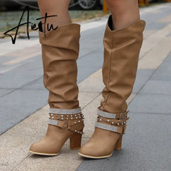 New Women High Boots Punk Rivet Buckle Square Mid Heel Knee-High Boots Pu Leather Pointed Toe Female Solid Tall Shoes Botas Aiertu