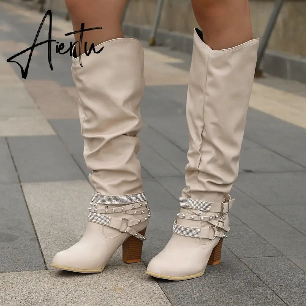 New Women High Boots Punk Rivet Buckle Square Mid Heel Knee-High Boots Pu Leather Pointed Toe Female Solid Tall Shoes Botas Aiertu