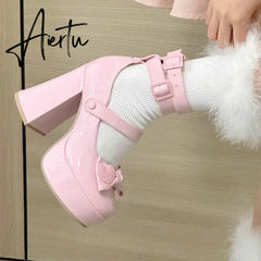 New Women Mary Janes High Heels Shoes Chunky Sandals Summer Fashion Retro Bow Lolita Shoes Party Platform Pumps Zapatos Aiertu