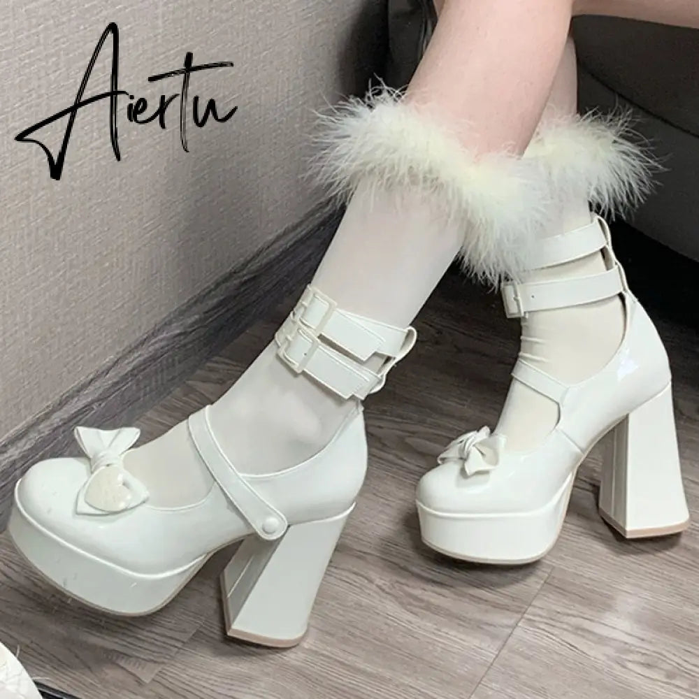 New Women Mary Janes High Heels Shoes Chunky Sandals Summer Fashion Retro Bow Lolita Shoes Party Platform Pumps Zapatos Aiertu