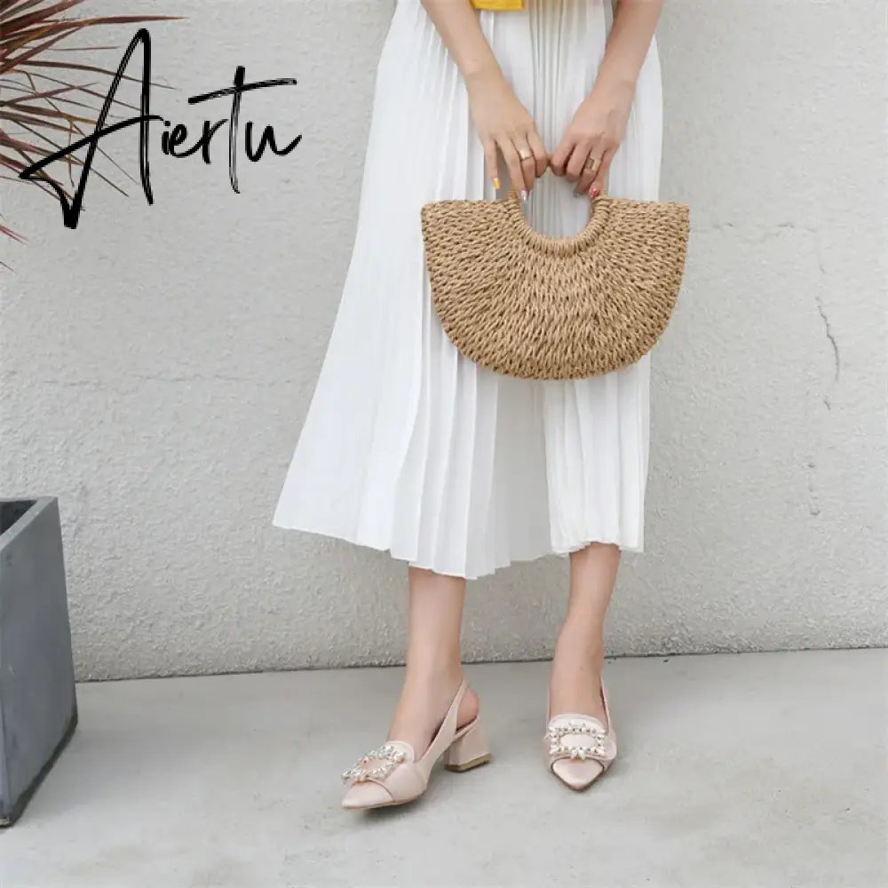 New Women Pumps Sexy Pointed Toe Slingback Gladiator Sandals Rhinestone Chunky High Heel Dress Shoes Ladies Valentine Shoes Aiertu
