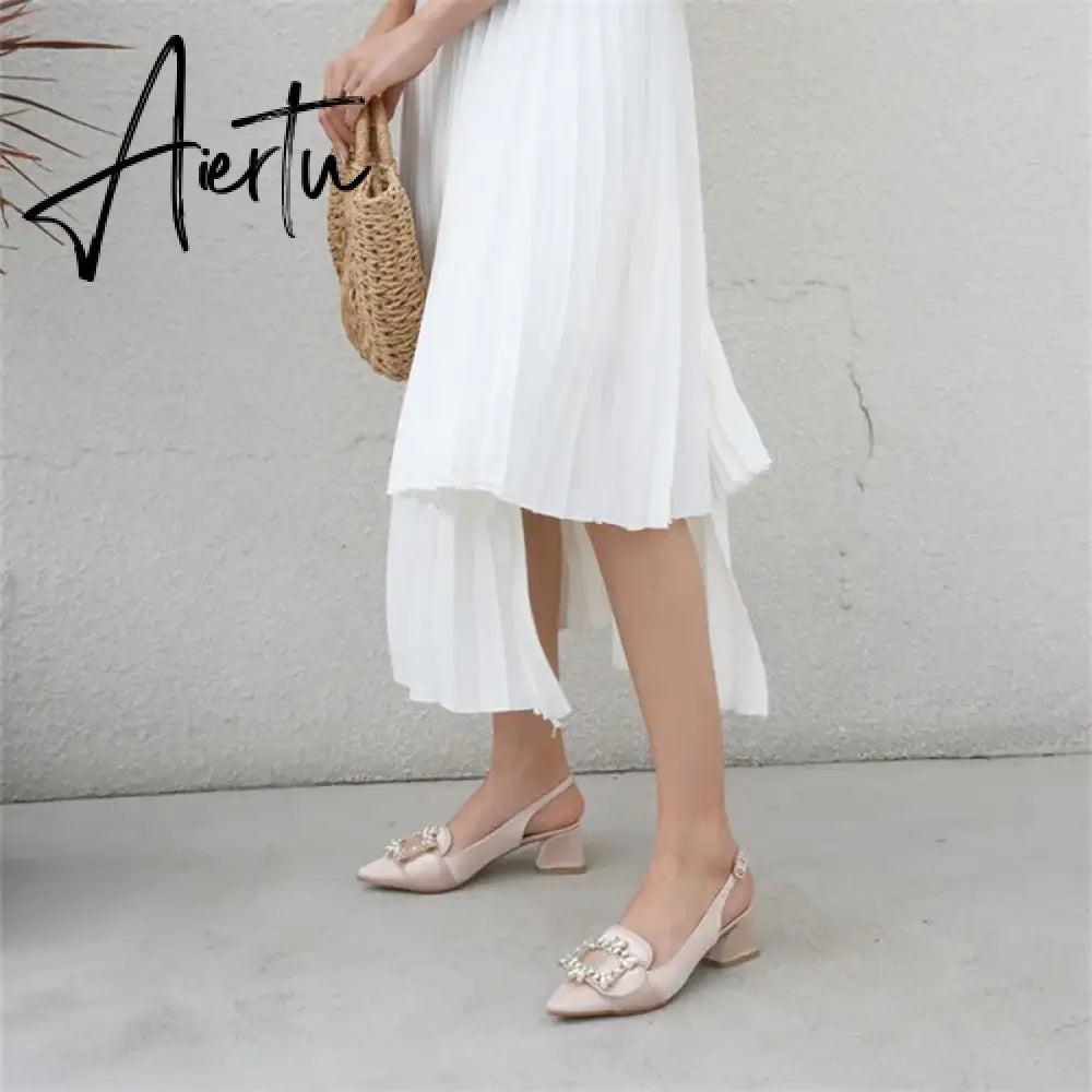 New Women Pumps Sexy Pointed Toe Slingback Gladiator Sandals Rhinestone Chunky High Heel Dress Shoes Ladies Valentine Shoes Aiertu