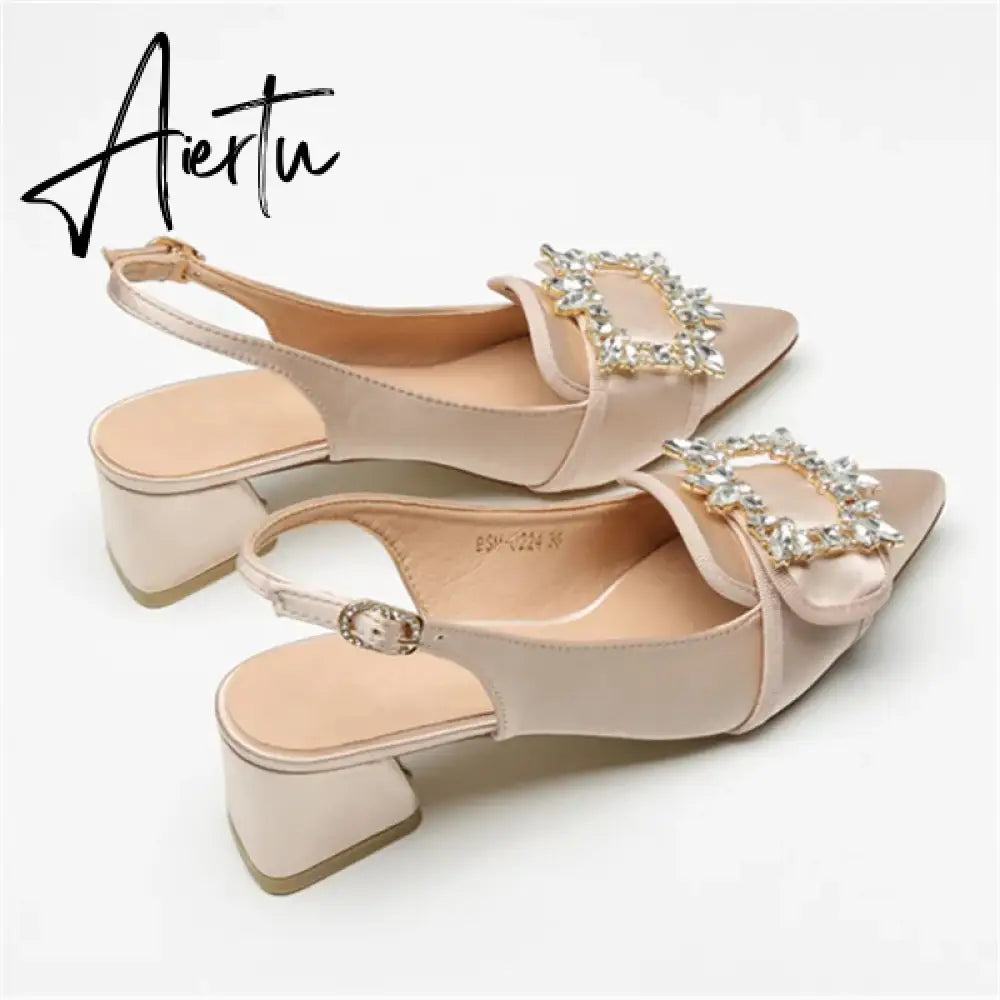 New Women Pumps Sexy Pointed Toe Slingback Gladiator Sandals Rhinestone Chunky High Heel Dress Shoes Ladies Valentine Shoes Aiertu