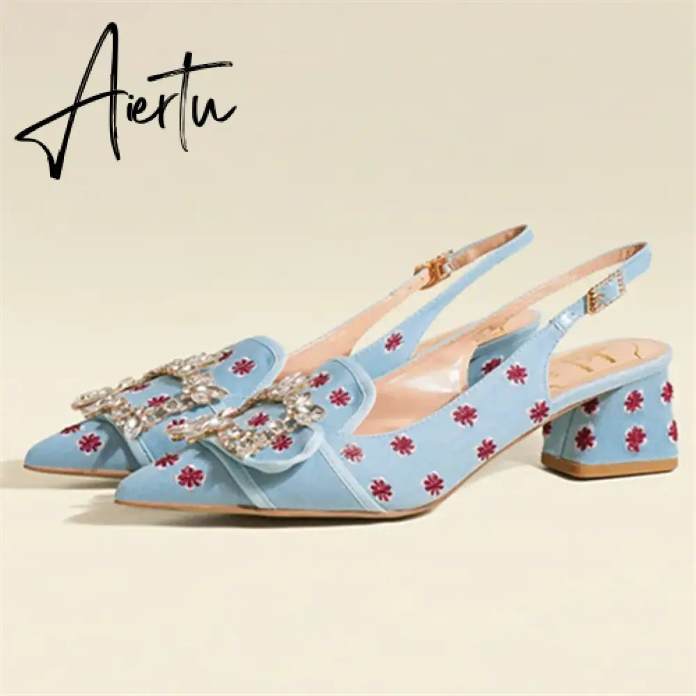 New Women Pumps Sexy Pointed Toe Slingback Gladiator Sandals Rhinestone Chunky High Heel Dress Shoes Ladies Valentine Shoes Aiertu