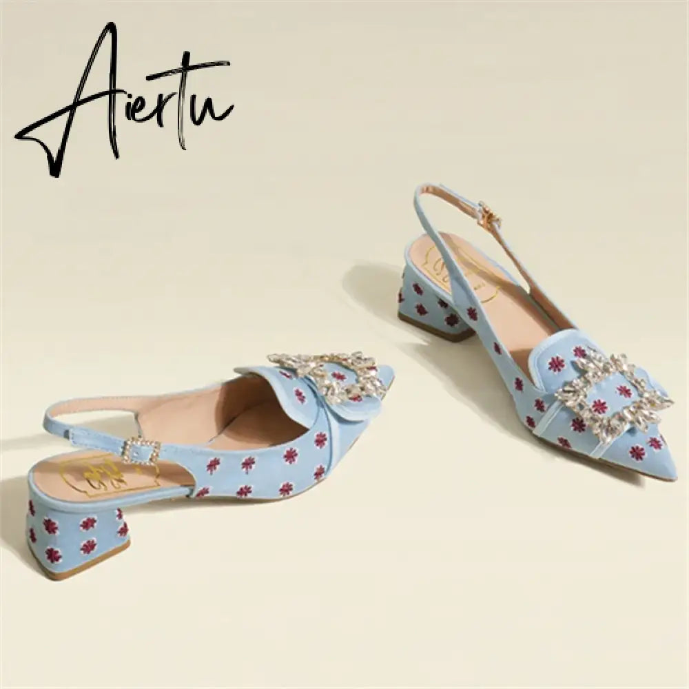 New Women Pumps Sexy Pointed Toe Slingback Gladiator Sandals Rhinestone Chunky High Heel Dress Shoes Ladies Valentine Shoes Aiertu