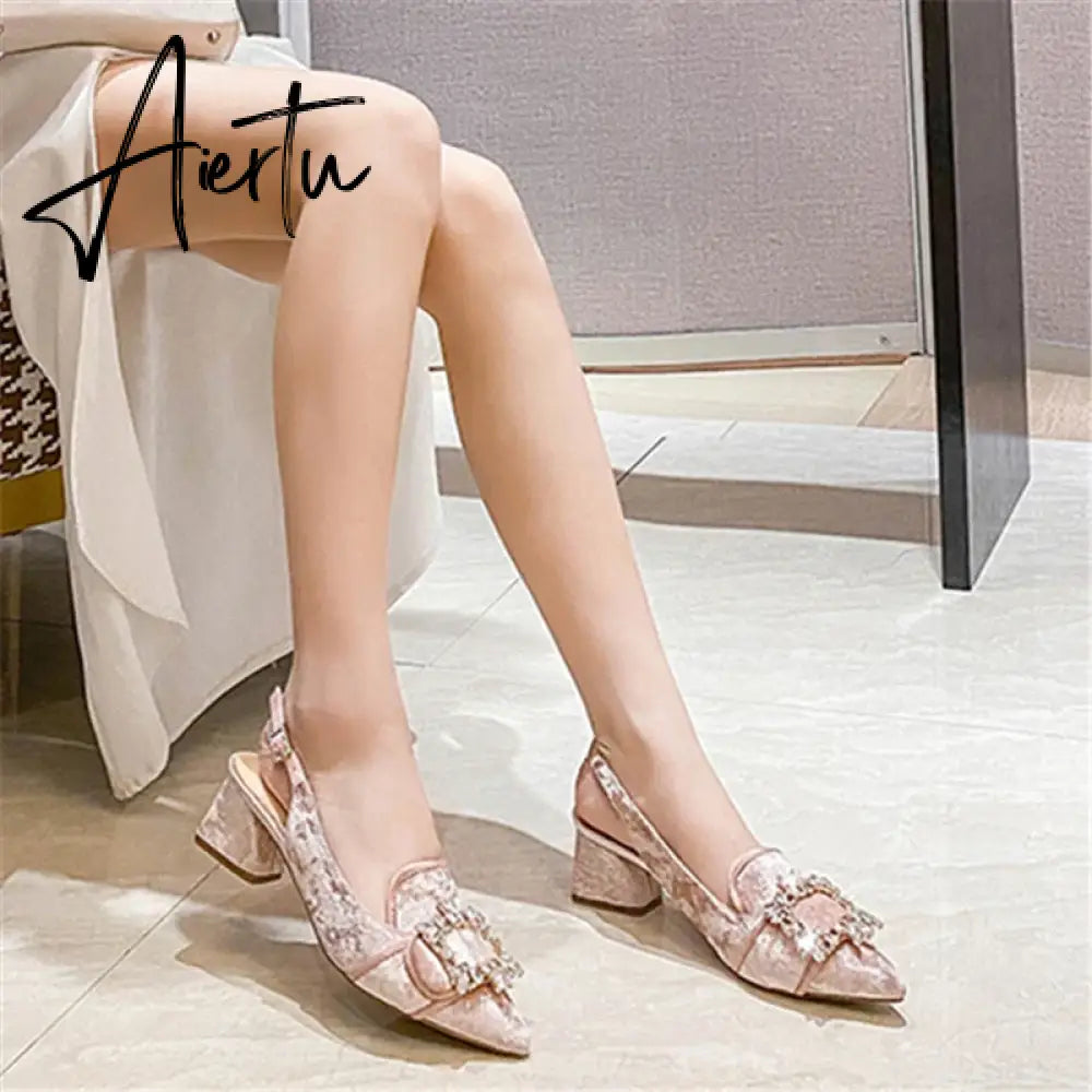 New Women Pumps Sexy Pointed Toe Slingback Gladiator Sandals Rhinestone Chunky High Heel Dress Shoes Ladies Valentine Shoes Aiertu