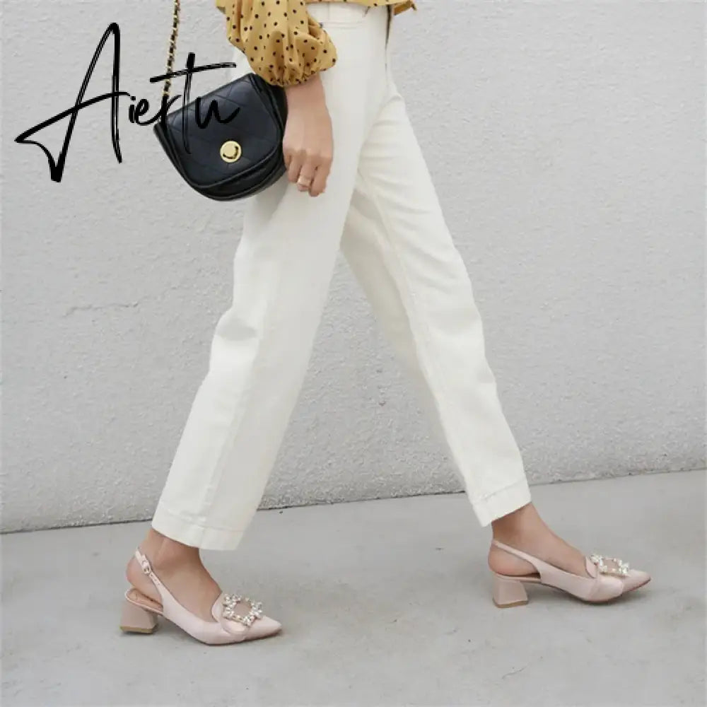 New Women Pumps Sexy Pointed Toe Slingback Gladiator Sandals Rhinestone Chunky High Heel Dress Shoes Ladies Valentine Shoes Aiertu