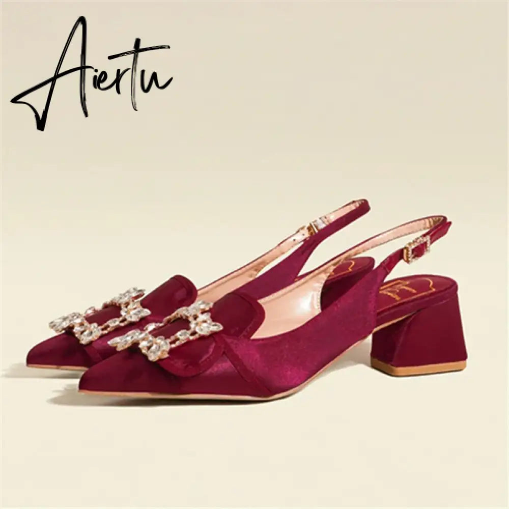 New Women Pumps Sexy Pointed Toe Slingback Gladiator Sandals Rhinestone Chunky High Heel Dress Shoes Ladies Valentine Shoes Aiertu