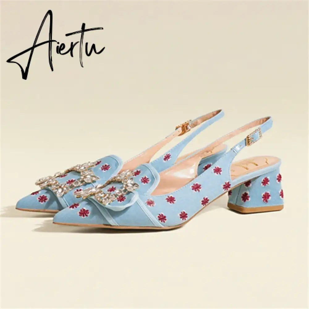 New Women Pumps Sexy Pointed Toe Slingback Gladiator Sandals Rhinestone Chunky High Heel Dress Shoes Ladies Valentine Shoes Aiertu