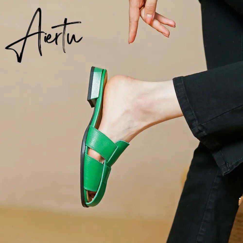 New Women Sandals Rome Style Mules Casual Slippers Spring Summer Low Heels Genuine Leather Shoes Woman Fashion Concise Aiertu